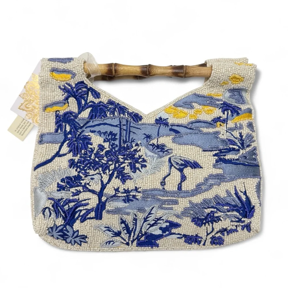 Chinoiserie Blue White Heron Bird Landscape Beaded Wooden Bamboo Clutch India